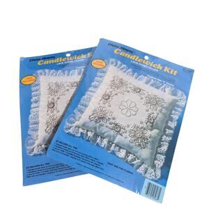 NOS Vintage 1983 Candlewick Kit Lace Edged Pillow Kits (2) Sealed NEW
